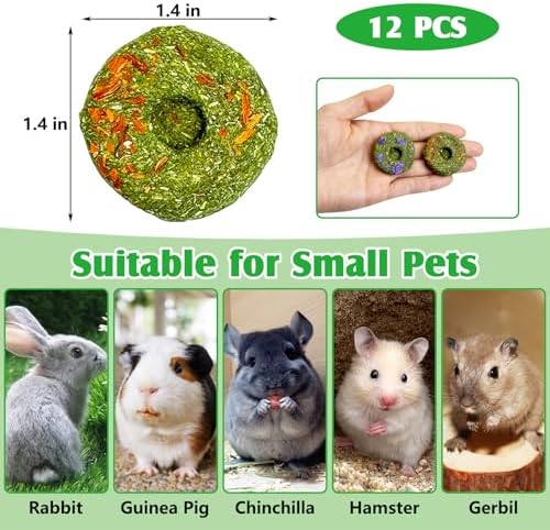 Fhiny Rabbit Chew Toys, 12 PCS Natural Timothy Hay & Flowers Cakes Guinea Pig Chew Treats for Teeth Handmade Small Animal Molar Snacks for Bunny Guinea Pig Chinchilla Hamster Gerbil Dental Care