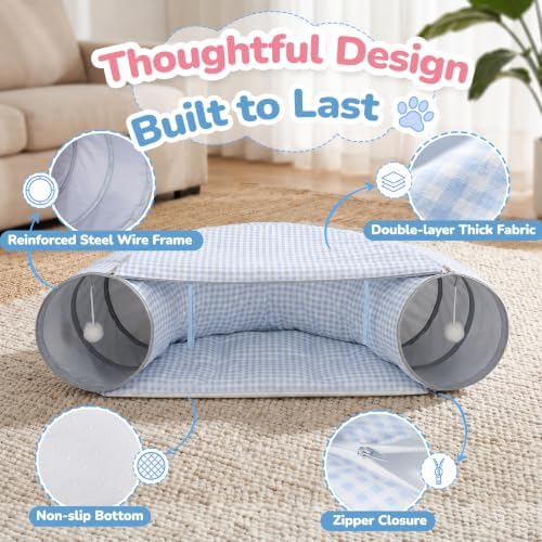Bunny Tunnel Bed, 2-in-1 Collapsible Rabbit Guinea Pig Hideout, Blue