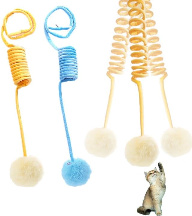 2pcs Hanging Plush Cat Toy Ball,Self-Play Hanging Stretchable Cat Spring with Bell,Hanging Cat Toy,Interactive Cat Toys for Indoor Cats Play Chase Exercise (Blue & Yellow)