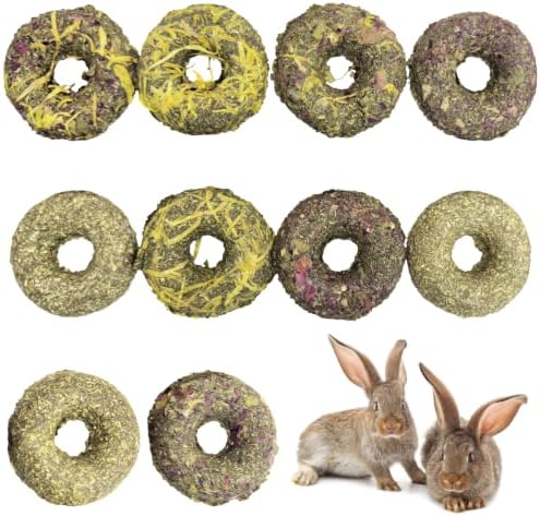 Fhiny 10 PCS Rabbit Chew Toys, Rabbit Treats with Natural Grass and Flowers, Pet Molar Grass Cakes for Guinea Pigs, Chinchillas, Hamsters and Other Small Rodents