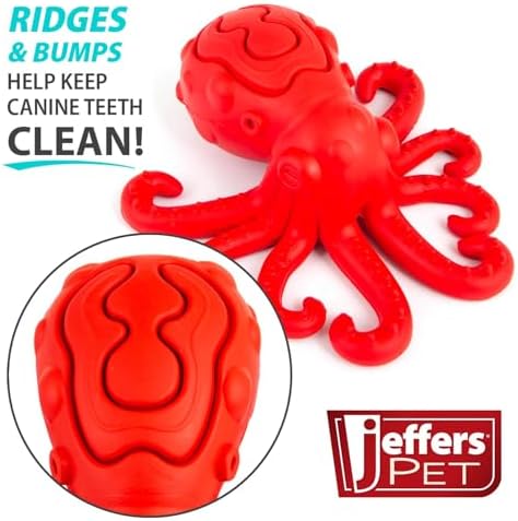 Jeffers Pet Natural Rubber Dog Chew Toy – Red Octopus, Medium – Treat Dispensing, Vanilla Scent, Durable, Non-Toxic, Dishwasher Safe, Interactive Fetch & Tug Toy - Perfect for Training