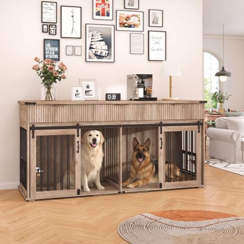 Large Dog Crate Furniture for 2 Dogs, Wood, White TV Stand with 4 Doors and 4 Storage Drawers, Removable Divider, Indoor Kennel for Medium and Large Dogs (71inch Grey Oak)
