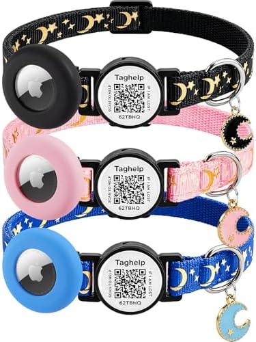 3 Pack - Airtag Cat Collar, Breakaway Cat Airtag Collar with Gold Moons and Stars Lightweight Kitten Collar for Apple Air tag,GPS Tracker Holder for Cats, Kittens Cat Collar(Black & Blue & Pink)