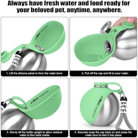 Portable Dog Water Bottle 10oz Stainless Steel Travel Dog Water Dispenser with Bowl No-Spill Puppy Water Bottle for Walking Hiking Small Dog Water Bottle (Mint Green)