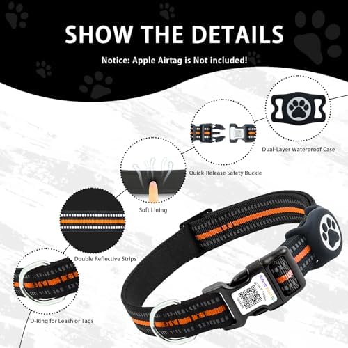 Dog Collar with Tracker Holder and QR Code ID, Waterproof Bluetooth Tracker Case, Reflective Padded Nylon for Small Medium Large Dogs