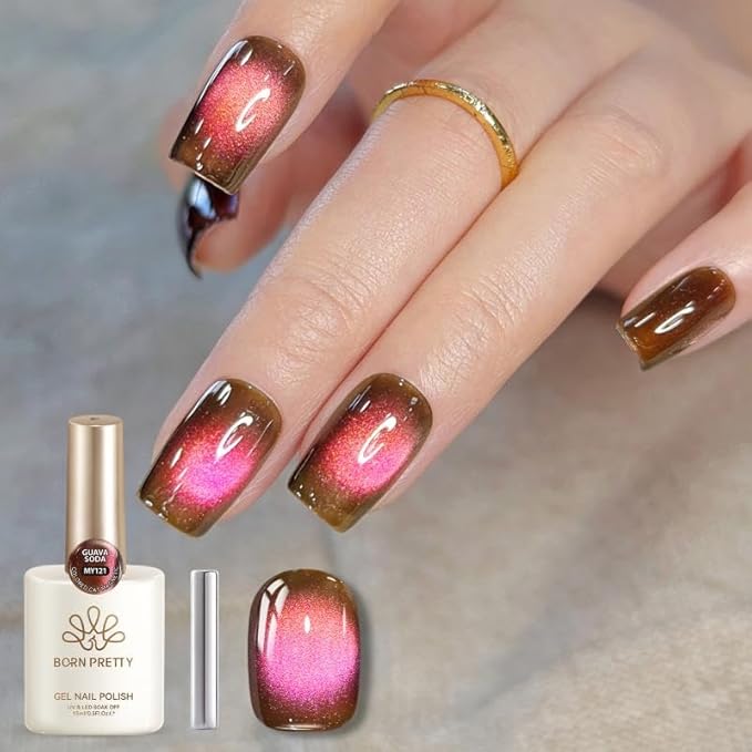 Born Pretty 15ML Cat Magnetic Eye Gel Polish, Pink Brown Gel Nail Polish Fall Winter Cat Holographic Magnetic Nail Polish Nail Art Manicure Salon DIY at Home