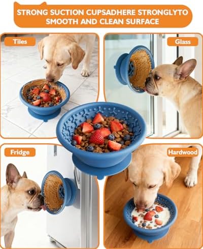 Dog Lick Bowl, Non-Slip Slow Feeder Licking Mat & Treat Dispenser (Wide Bowl Mouth w/Inlaid Stainless Steel Ring) - Interactive Toys, Anxiety Reducer, Freeze Bone for Dogs, BPA Free Silicone(Blue)