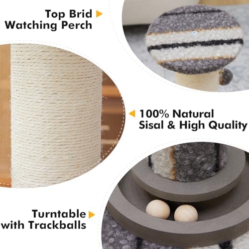 Woochpet Cat Scratching Post 34"Tall Grey Sisal Scratcher Tree With Cat Toy