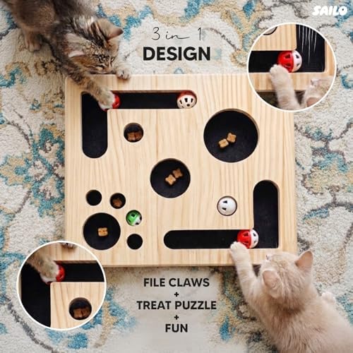 SAILO Cat Nail File Scratcher and Claw Saver Box with Multiple Toys & Grooming Gloves | Interactive Toy for Indoor Cats | Treat Puzzle Enrichment Kit | Perfect Gifting Set for Cat Lovers
