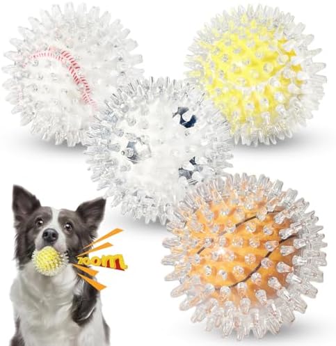 Squeaky Dog Toy Balls 4 Pack — Sports Themed Spiky Dog Balls for Medium Dogs, Durable PVC Dental Chew Balls for Cocker Spaniel Aussie Pitbull, Interactive Outdoor Toy