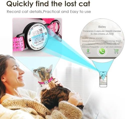 Smart QR Code Pet ID Personalized Tag Cat Collar, Reflective Nylon with Bell, Secure Breakaway, Comfortable, Durable - Suitable for Kittens-Rose&Black-S