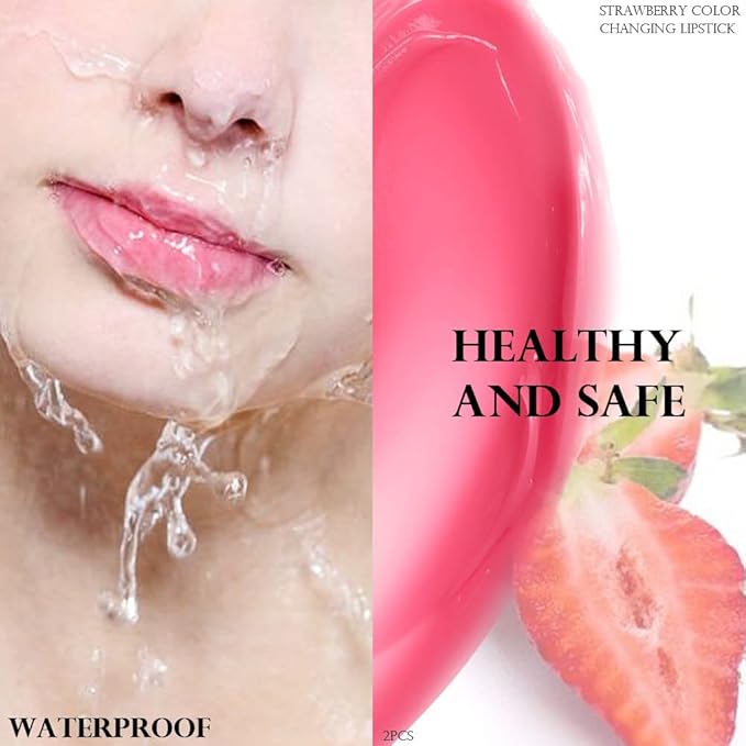 BINGBRUSH 2 Pcs Strawberry Color Changing Lipstick Queen,PH Mood Long Lasting Labiales Lip Gloss Lip Balm Tinted Magic Lip Stain Makeup Lipstick Set for Women