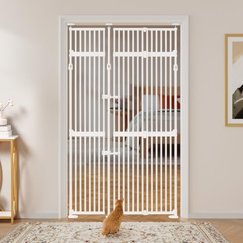 unipaws 86" High Extra Tall Cat Safety Gate, Auto Closing and No Drilling | Fit for 35"-51" Wide and 86"-98" Height Opening, Suitable for Doorway Hallway Stairs, Cat Dog Proof, Indoor Use, White