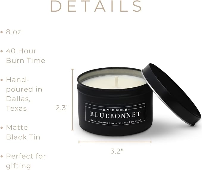 River Birch Premium, All-Natural, Non-Toxic Soy Wax | Bluebonnet Scented | 8 oz. Black Matte Tin Travel Candle | Cozy Relaxing Gifts for Home
