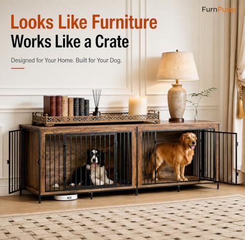 XL Dog Crate Furniture 48'' | Extra Large Heavy Duty Anti-Chew Dog Kennel | Rustic Wooden Entertainment Center & TV Stand with 400LB Top Capacity | Escape Proof Double Door Pet House