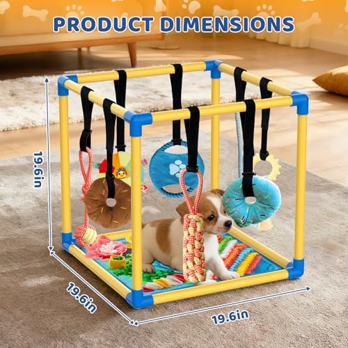Puppy Play Gym with Snuffle Mat & 8 Toys (Yellow,19.6″ x 19.6″ x 19.6″‌)