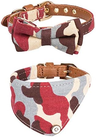 Small Dog Collar Set, 2Pcs Puppy Cat Collar with Bow Tie & Bandana, Durable PU Leather Canvas Tiny Pet Scarf for Small Breed Pets camo-red