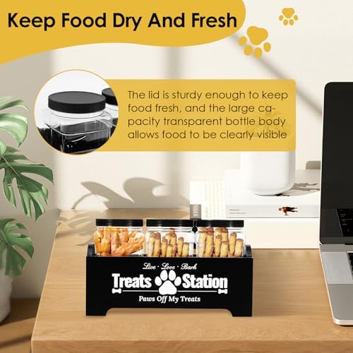 Dog Treat Container, Dog Food Storage Container with 3 Plastic Treat Jars, Wood Countertop Dog Treat Holder, Reusable Dog Treat Storage Organizer, Pet Food Container for Dogs Cats (black)