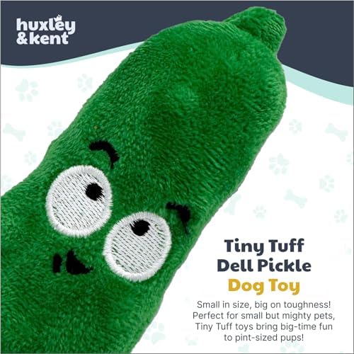 Huxley & Kent Funny Dog Toy w/Squeaker – Power Plush Squeaky Dog Toys for Small Dogs – Durable Small Stuffed Animal for Indoor Play & Fetch - Tiny Tuff Dell Pickle