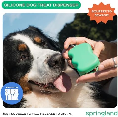 Springland Silicone Dog Training Treat Pouch for Leash, Green | One-hand squeeze dispenser, food-grade silicone, BPA-free, carabiner included, easy-fill holder for rewards on the go