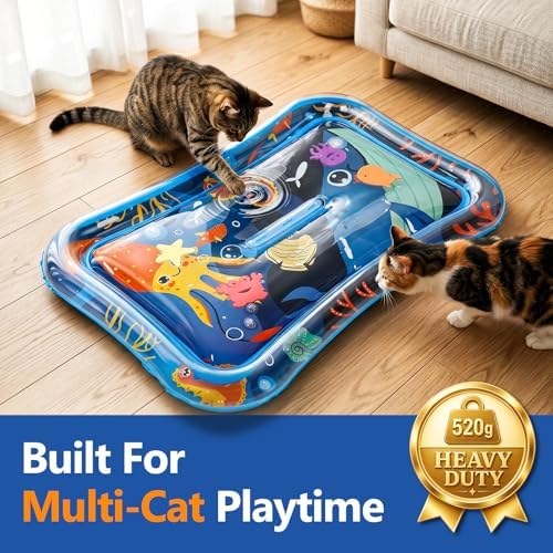 Cat Water Mat with Fish- Thickened Cat Sensory Water Play Mat Toy, Interactive Ocean Breeze Splashland with Floating Fish and 2 Balls for Cats & Kittens, Indoor Pet Water Bed Play Mat