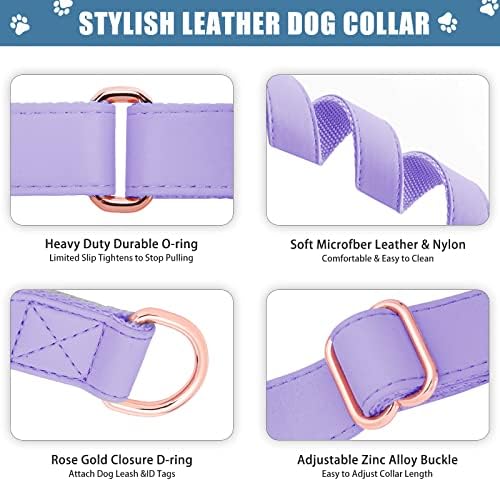 Soft Leather Martingale Dog Collar - Adjustable Rose Gold Limited Slip Collars [Easy to Clean], Stylish Durable Heavy Duty Nylon No Pull Training Collar for Small Medium Large Dogs (XS, Set Purple)