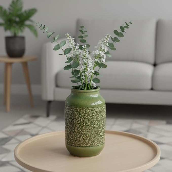 Modern Ceramic Vase for Flower, 9 Inch Minimalist Decorative Vases for Home Decor, Table Shelf, Console Cabinet, Mantle, Living Room, Bathroom, Bedroom, Office, Green