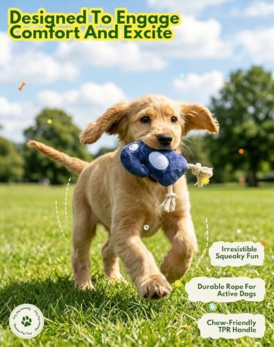 Deeow Tether Squeaky Plush Dog Tug Chew Toy for Enrichment/Interactive