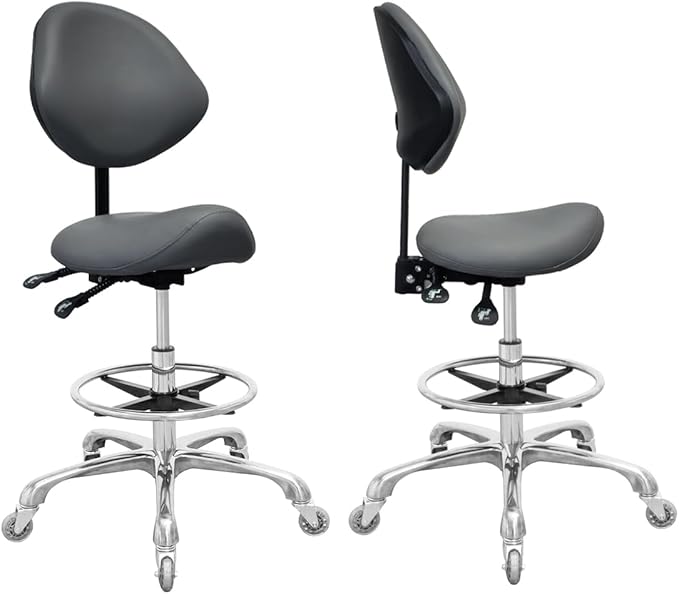 Saddle Stool Chair with Back Support Footrest, Heavy-Duty(350LBS), Hydraulic Rolling Swivel Adjustable Stool Chair for Salon Spa Beauty Massage Dental Clinic Home Office Use(Grey)