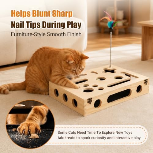 Cat Scratch Puzzle Enrichment Box, Wooden Interactive Toy for Indoor Cat