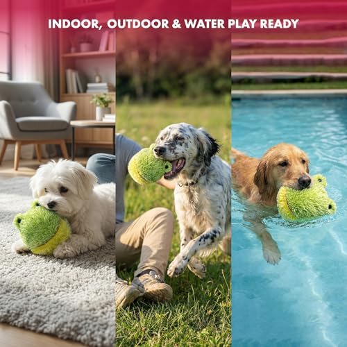 PetLou D.O.G'Z 4-inch EZ Squeaky Frog Dog Plush Toy,Durable Squeaks Bouncy Ball Dog Toy