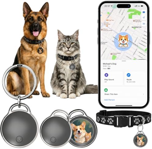 GPS Tracker for Dogs/Cats, Real-Time Tractive GPS Tracker Device | Dog/Cat Tracker Pet Location Tracking with Collar, No Monthly Fee/No SIM Card, Works for iOS Find My, IP68 Waterproof