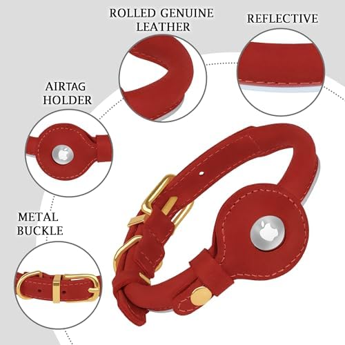 OOPSDOGGY Rolled Leather Dog Collar with Airtag Holder - Reflective Round Airtag Dog Collar - Soft Tracking Pet Collar for Small Dogs Puppy Cats Kitten (Red, XXS, 7"-9")