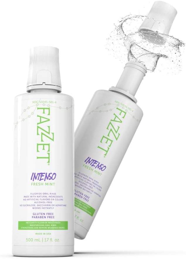FAZZET Intenso Fluoride Oral Rinse – Soothe Tonsils, Combat Bad Breath – Alcohol, Gluten, and Paraben Free Mouthwash – Fresh Mint Flavor