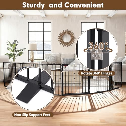 156" Extra Wide Dog Gate, Heavy Duty Metal Freestanding Dog Gate with Door for Indoor & Outdoor, Foldable Pet Fence for Doorways,House,Porch,Deck,Yard,Stairs, Auto Close(6 Panels,Black)