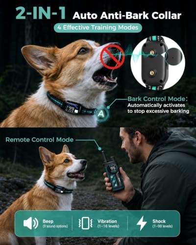 Sevy Buzzy 2-in-1 Dog Bark Collar & Dog Shock Collar with Remote, Smart Anti Bark Dog Training Collar, 3300FT Dog E Collar with 4 Training Modes, LED Light, IP67 Waterproof for Small Medium Large Dogs