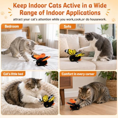 Smart Sensing Flapping Butterfly Toy Interactive Cat, Interactive Butterfly Cat Toy, Rechargeable Touch Activated Kitten Toy, Durable Plush Build for Bored Indoor Cats (Gold)