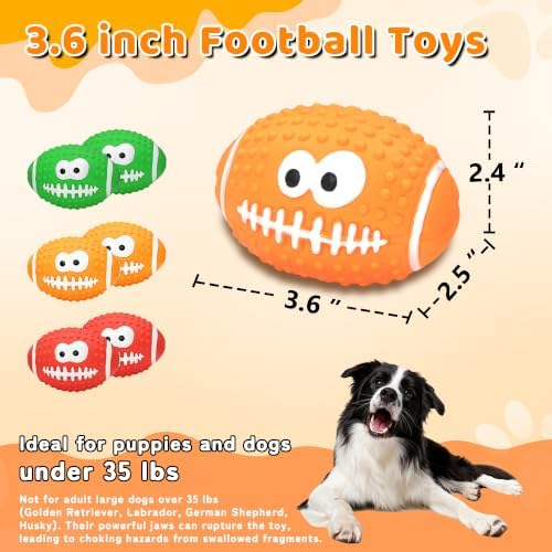6 Pack Squeaky Dog Football Toys, Interactive Training Toys for Medium & Large Dogs, Soft Teething Fetch Chew Balls with Built-in Squeaker, Indoor Outdoor Water Play, 3 Colors