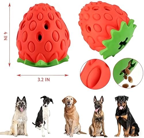 Strawberry Chew Toy for Dogs, Natural Rubber Balls for Aggressive Chews, Cleans Teeth and Gums, Treat Food Dispensing Toys, Indestructible Dog Toys, Toy for Dog Interactive
