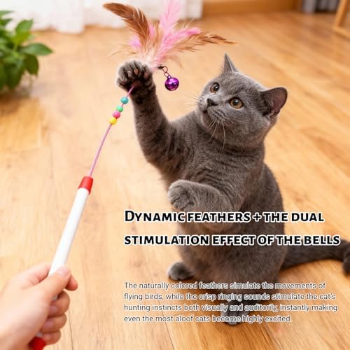 Cat Feather Wand Toy - Steel Wire Feather Interactive Cat Stick Training - Beads Bells Kitten Wand Toys Pet, Funny Kitten Fishing Pole Toy for Bored Indoor Chase & Exercise(1Pcs)