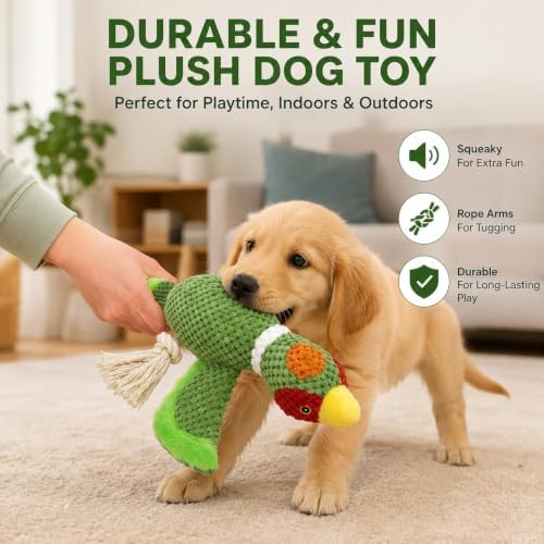 Dog Squeaky Toys Plush Mallard Duck Dog Chew Toy with Knotted Rope Tassels, Teething Interactive Tug Toy for Small, Medium and Large Dogs