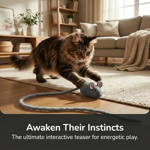 Glaciart One XXL Felt Mouse Cat Toy – 6” Body + 98” Tail – Large Cat Enrichment Toy – 100% Natural Wool with Catnip – Interactive Teaser for Big Cats – Safe Non-AZO Dyes