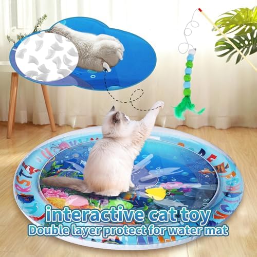 Cat Water Mat,Upgrade 0.5mm Thickened Water Mat for Cats,Anti-Scratch Sensory Mat,Unbreakable Interactive Cat Comfort Play mat with Wand in Random Color