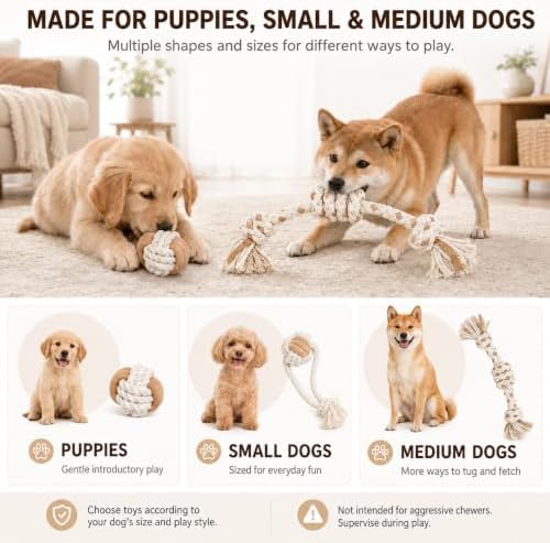 4-Pack Dog Rope Toys for Small to Medium Dogs - Variety Set of Natural Cotton Interactive Toys for Puppies - Includes 18" Long Tug Rope with Handle, Knot Ball & Figure-8 - [Not for Aggressive Chewers]