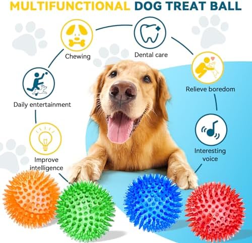 SHARLOVY 3'' Squeaky Balls for Small Dogs, 4 Spiky Dog Balls for Teething