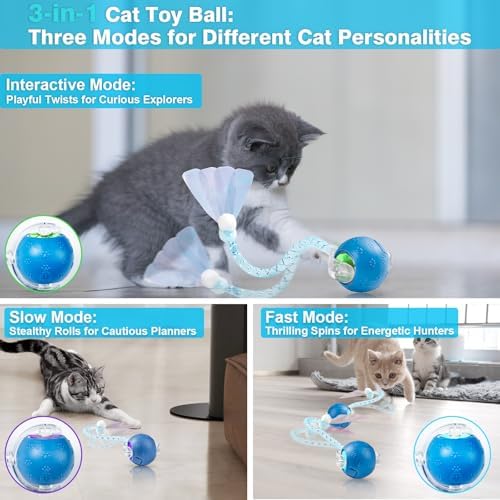 Interactive Cat Toys for Indoor Cats, Fast Rolling, Chirping, Motion Activated Automatic Cat Toy for Enrichment, Smart Cat Ball Toy 1 Count with 2 Tails and 3 Speed Adjustment, Blue