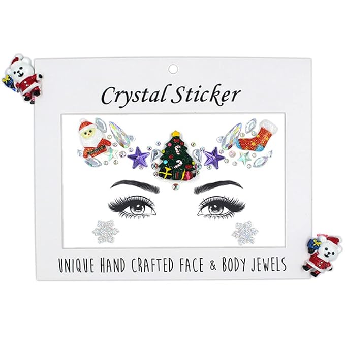 Christmas Face Gems Tattoo Stickers Xmas Body Jewelry Facial Rhinestone Tattoo Santa Claus Snowman Christmas Tree Design Temporary Tattoo Sparkly DIY Jewel Paste for Christmas Halloween Party Carnival Festival Makeup(4 Sets)