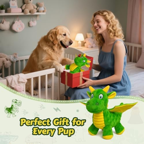 Squeaky Dog Toy - Plush Dragon with 5 Squeakers and Crinkle Wings