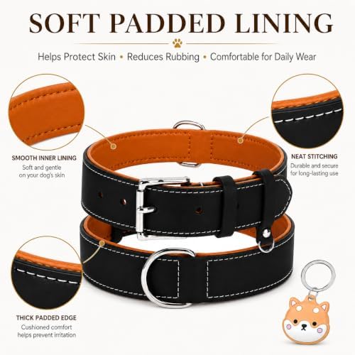 Genuine Leather Dog Collar, Soft Padded Leather Dog Collars with Airtag Holder Case for Small Medium Large X-Large Dogs,Comfort Heavy Duty Pet Collar with Durable Metal Buckle & D-Ring-Black/XL