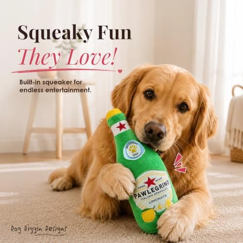 Dog Diggin Designs Pawlegrino Sparkle Water Plush Dog Toy | Luxury-Inspired Parody Sparkling Water Dog Toy with Squeaker, Soft Plush Novelty Dog Toy – Bubbles & Tail Wags